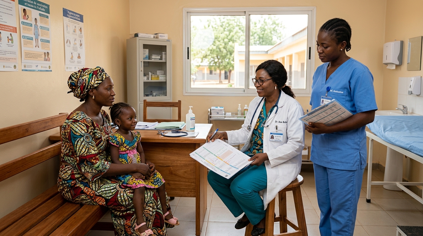 Cameroonian public health clinicians conducting a maternal and child health consultation in a primary health clinic in Adamawa