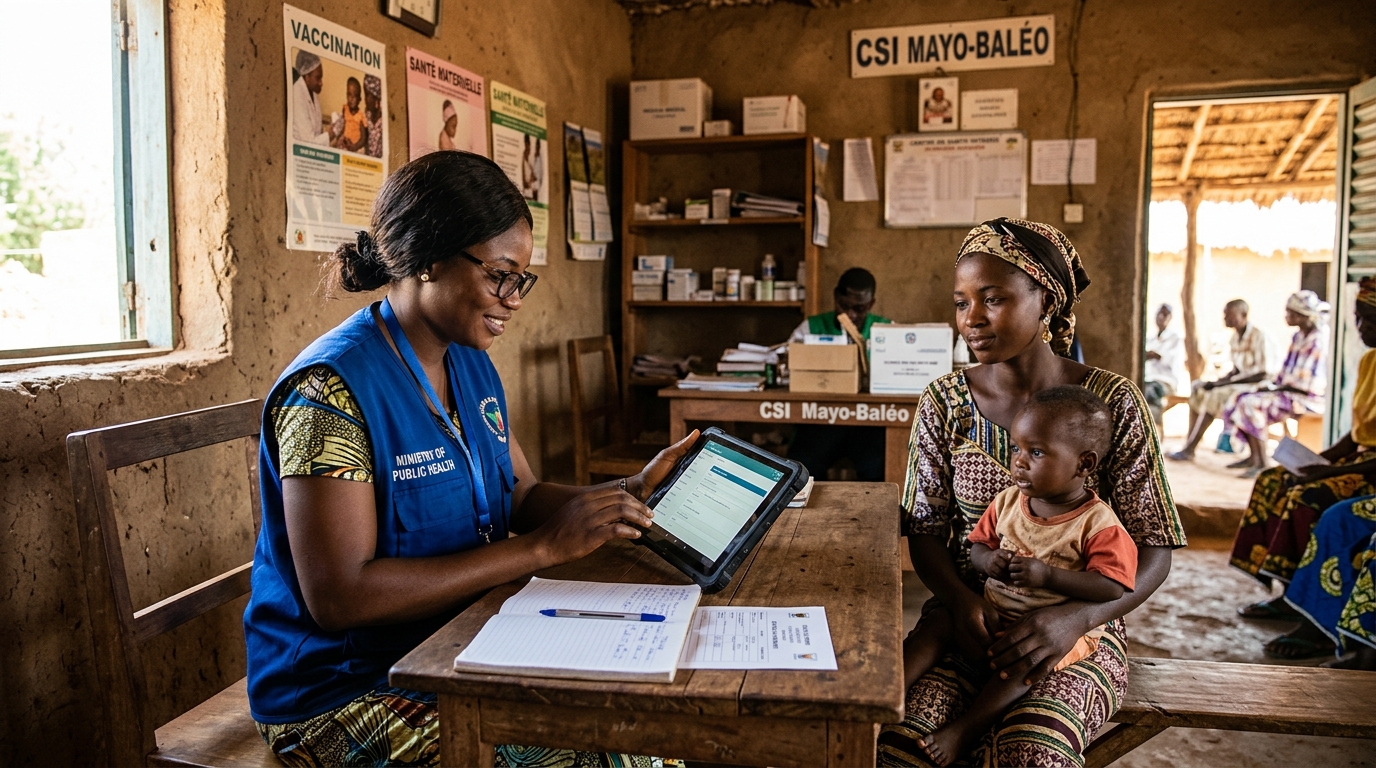 Frontline health worker using digital tablet for community triage with mother and infant at CSI Mayo-Baléo