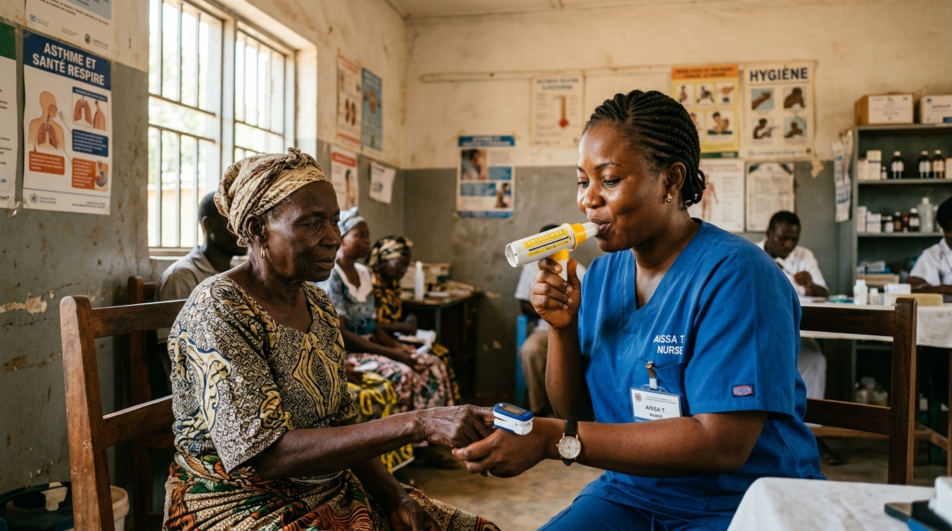 Primary care nurse conducting peak flow measurement and respiratory screening with a patient in a primary health clinic