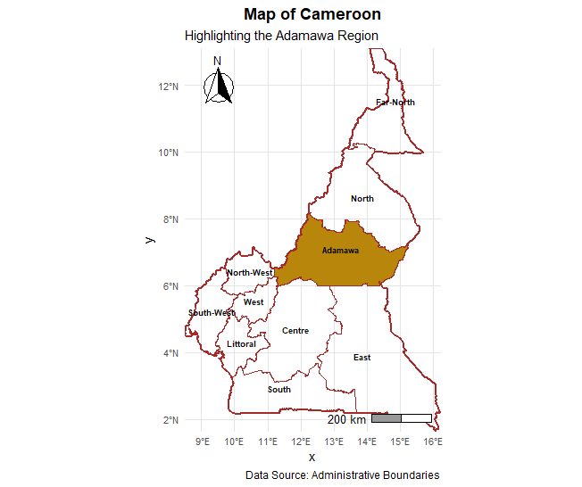 Map of Cameroon highlighting the Adamawa Region and operational target areas